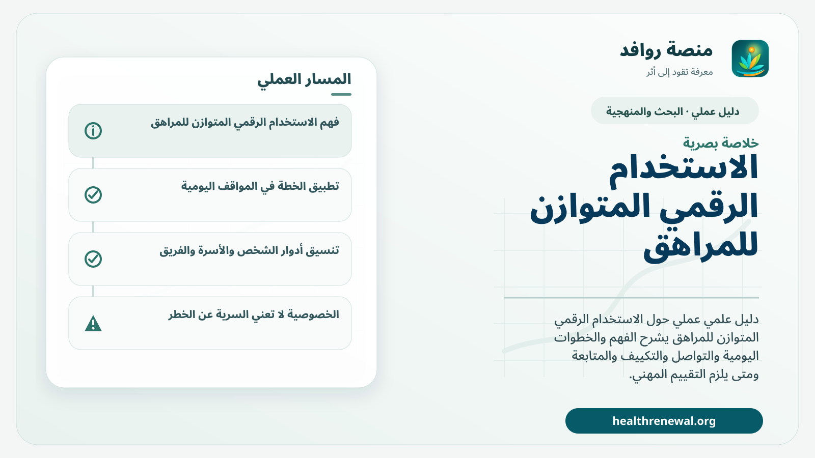 صورة بارزة من منصة روافد تلخص «دليل الاستخدام الرقمي المتوازن للمراهق» بصريًا وفق محاور الصفحة الأساسية