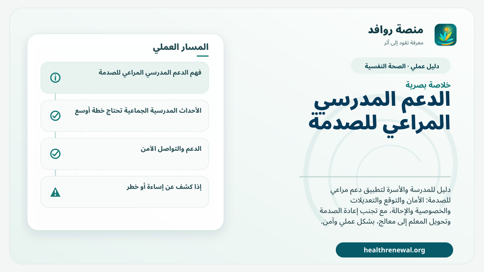 صورة بارزة من منصة روافد تلخص «دليل الدعم المدرسي المراعي للصدمة» بصريًا وفق محاور الصفحة الأساسية