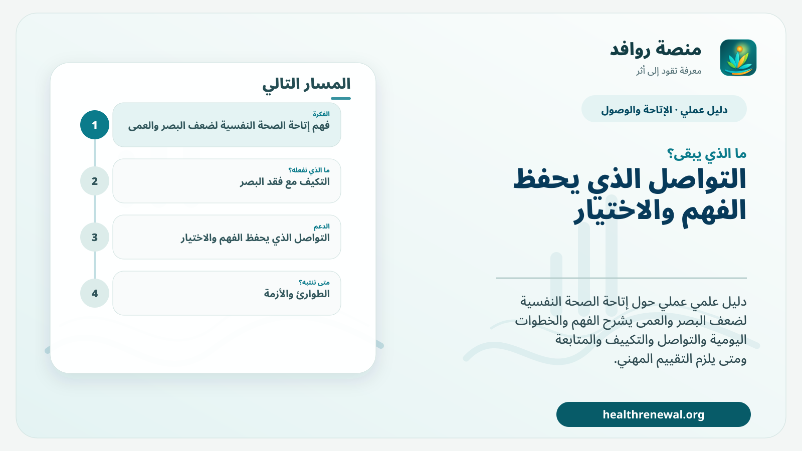مخطط ختامي من منصة روافد يلخص «دليل إتاحة الصحة النفسية لضعف البصر والعمى» ويعرض أهم المحاور والخطوات التالية