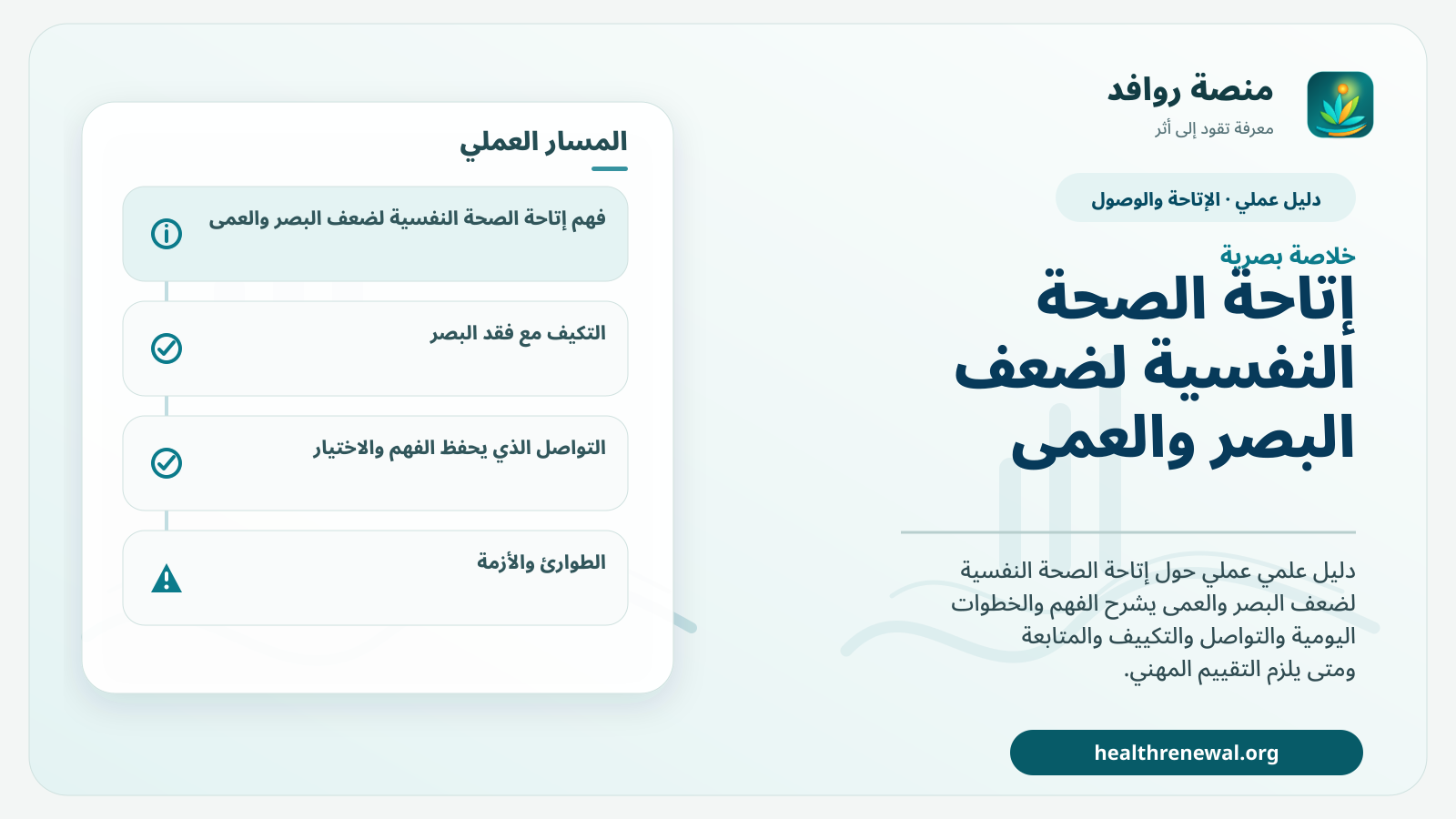 صورة بارزة من منصة روافد تلخص «دليل إتاحة الصحة النفسية لضعف البصر والعمى» بصريًا وفق محاور الصفحة الأساسية