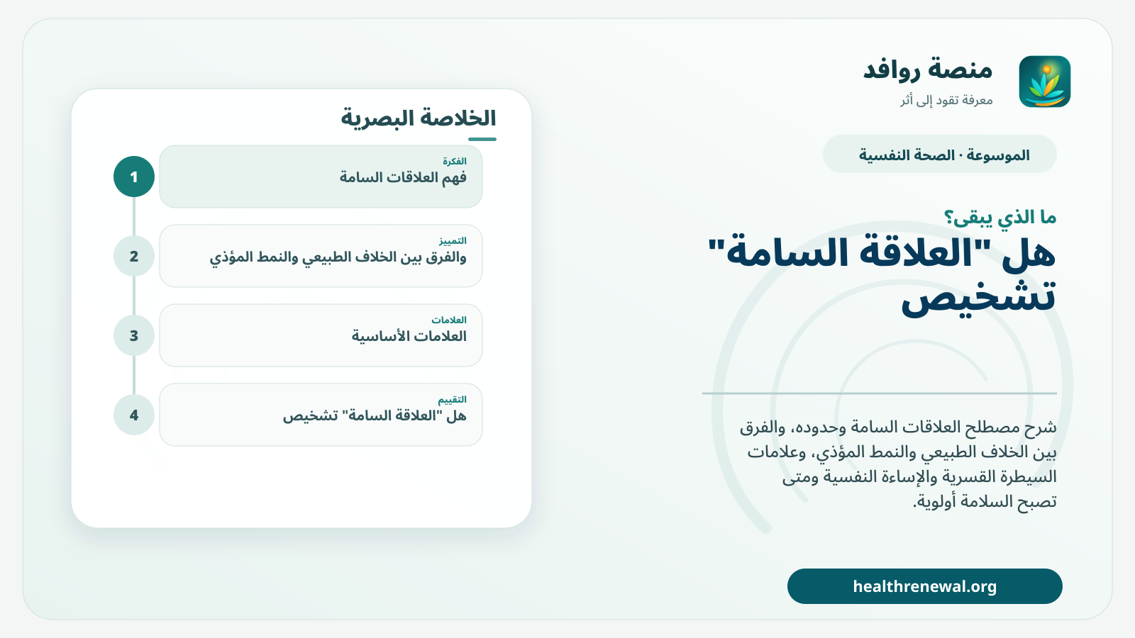 مخطط ختامي من منصة روافد يلخص «العلاقات السامة: متى تكون العلاقة مؤذية فعلًا؟» ويعرض أهم المحاور والخطوات التالية