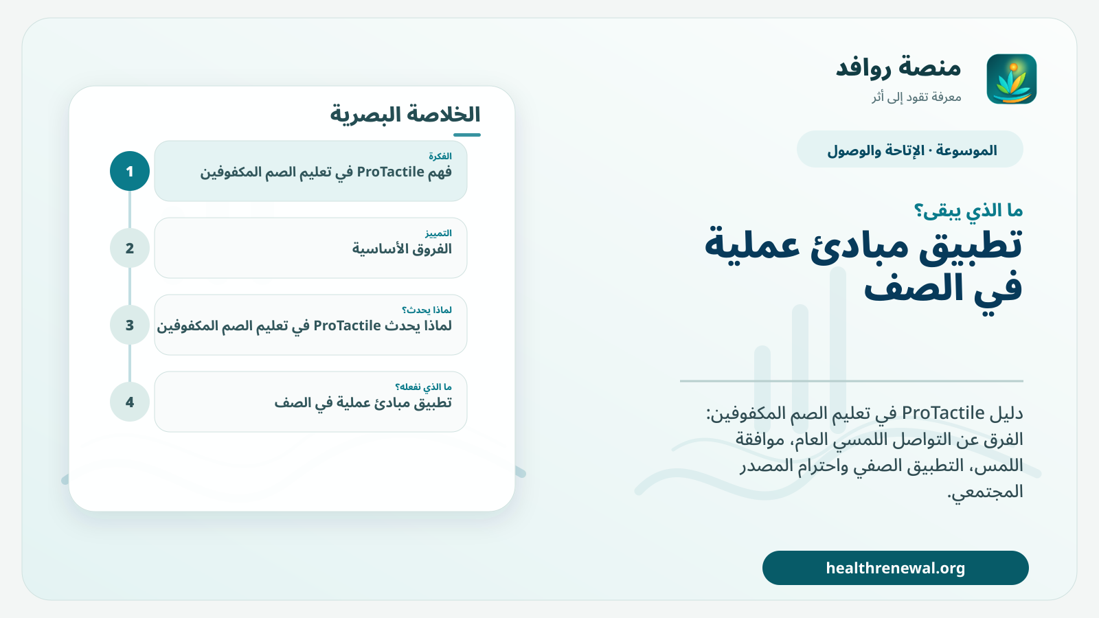 مخطط ختامي من منصة روافد يلخص «ProTactile في تعليم الصم المكفوفين: اللغة واللمس والمشاركة» ويعرض أهم المحاور والخطوات التالية