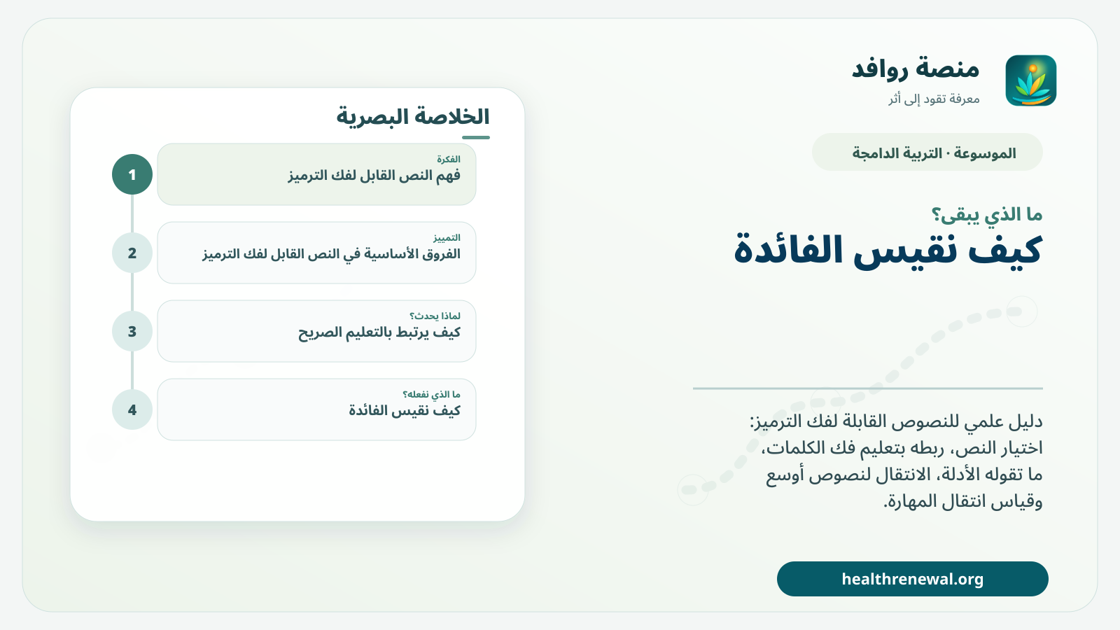 مخطط ختامي من منصة روافد يلخص «النص القابل لفك الترميز: كيف يُستخدم في تعليم القراءة؟» ويعرض أهم المحاور والخطوات التالية