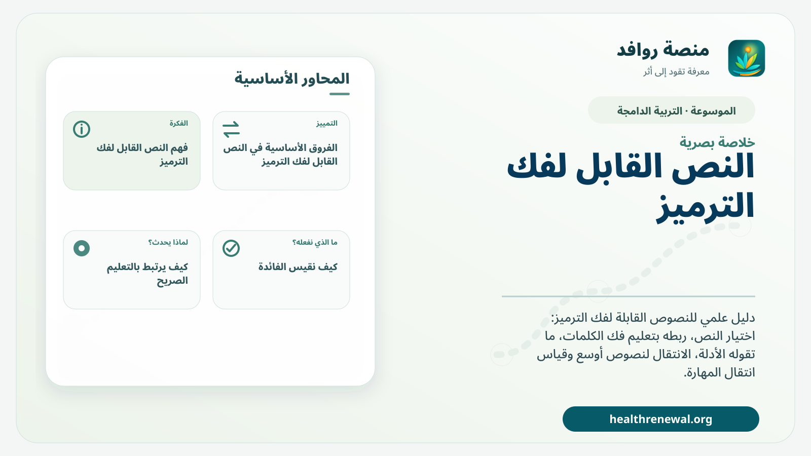 صورة بارزة من منصة روافد تلخص «النص القابل لفك الترميز: كيف يُستخدم في تعليم القراءة؟» بصريًا وفق محاور الصفحة الأساسية