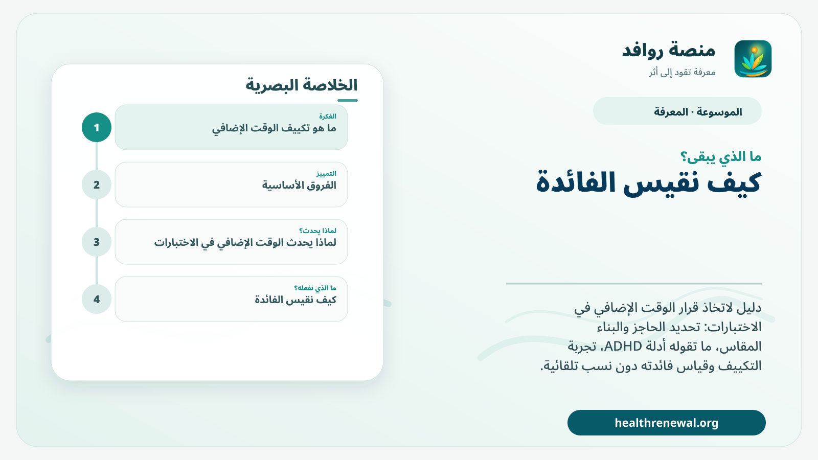 مخطط ختامي من منصة روافد يلخص «الوقت الإضافي في الاختبارات: كيف يُتخذ القرار؟» ويعرض أهم المحاور والخطوات التالية