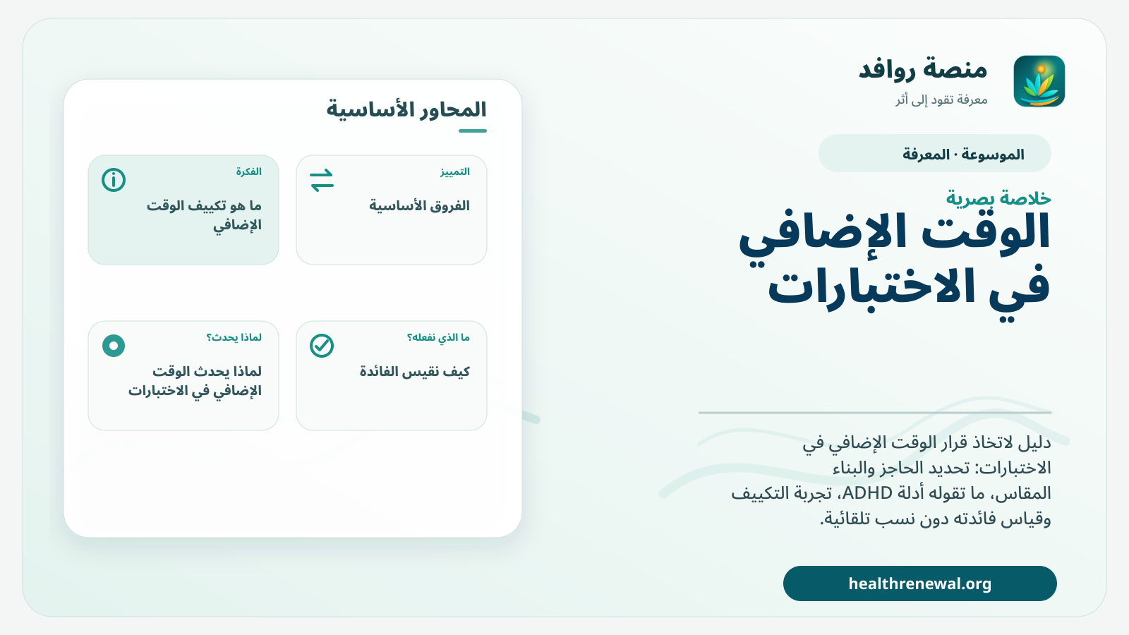 صورة بارزة من منصة روافد تلخص «الوقت الإضافي في الاختبارات: كيف يُتخذ القرار؟» بصريًا وفق محاور الصفحة الأساسية