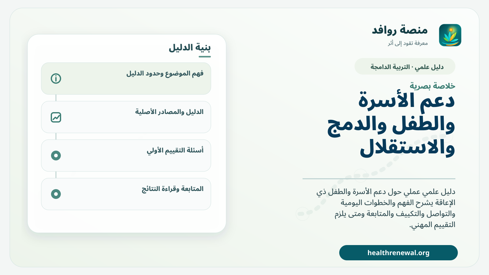 صورة بارزة من منصة روافد تلخص «دعم الأسرة والطفل والدمج والاستقلال» بصريًا وفق محاور الصفحة الأساسية