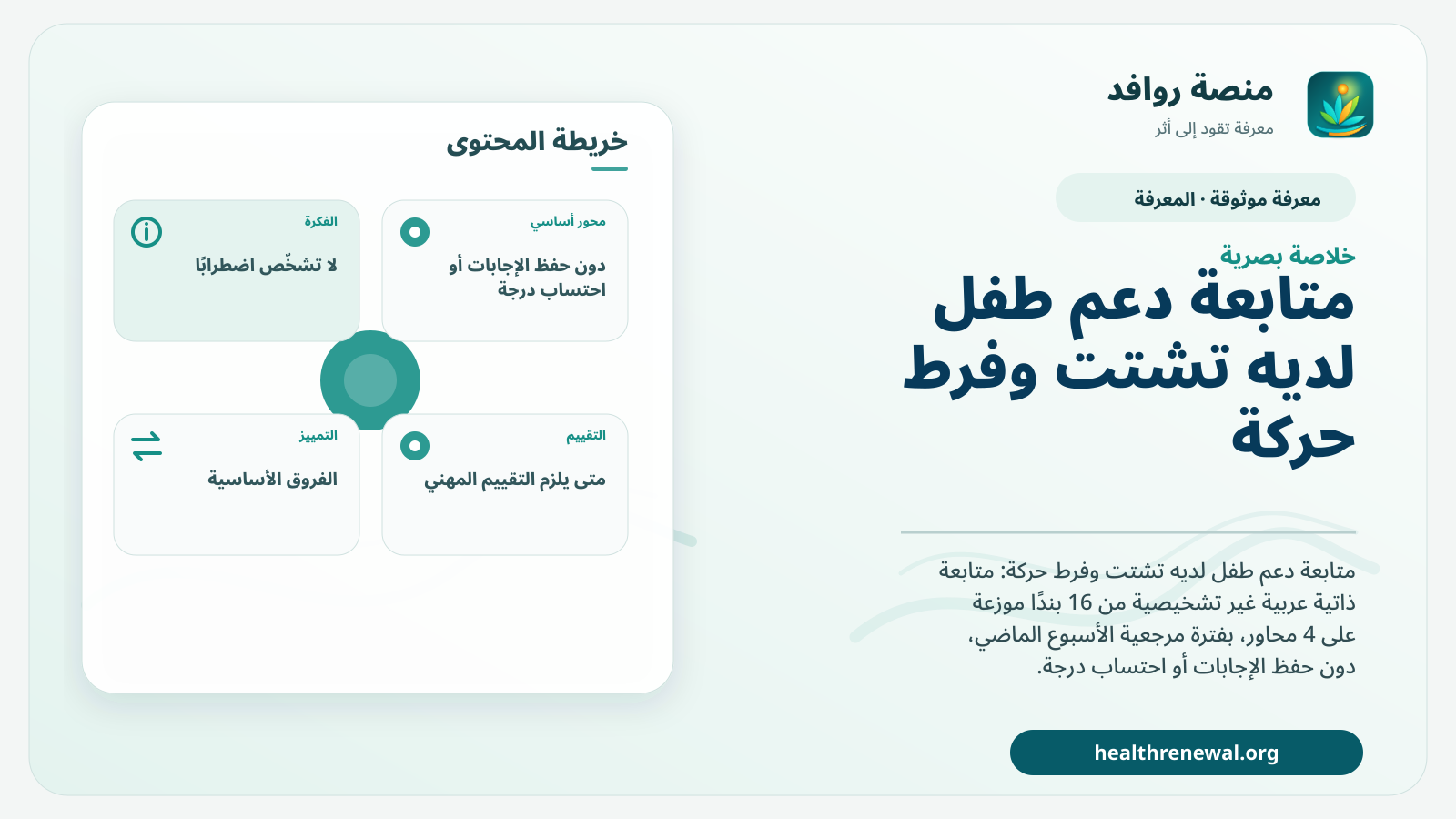 صورة بارزة من منصة روافد تلخص «متابعة دعم طفل لديه تشتت وفرط حركة» بصريًا وفق محاور الصفحة الأساسية