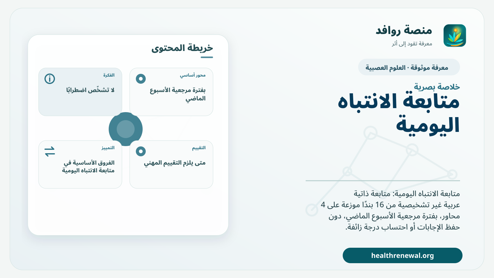 صورة بارزة من منصة روافد تلخص «متابعة الانتباه اليومية» بصريًا وفق محاور الصفحة الأساسية