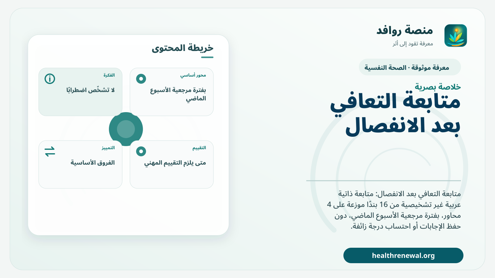 صورة بارزة من منصة روافد تلخص «متابعة التعافي بعد الانفصال» بصريًا وفق محاور الصفحة الأساسية