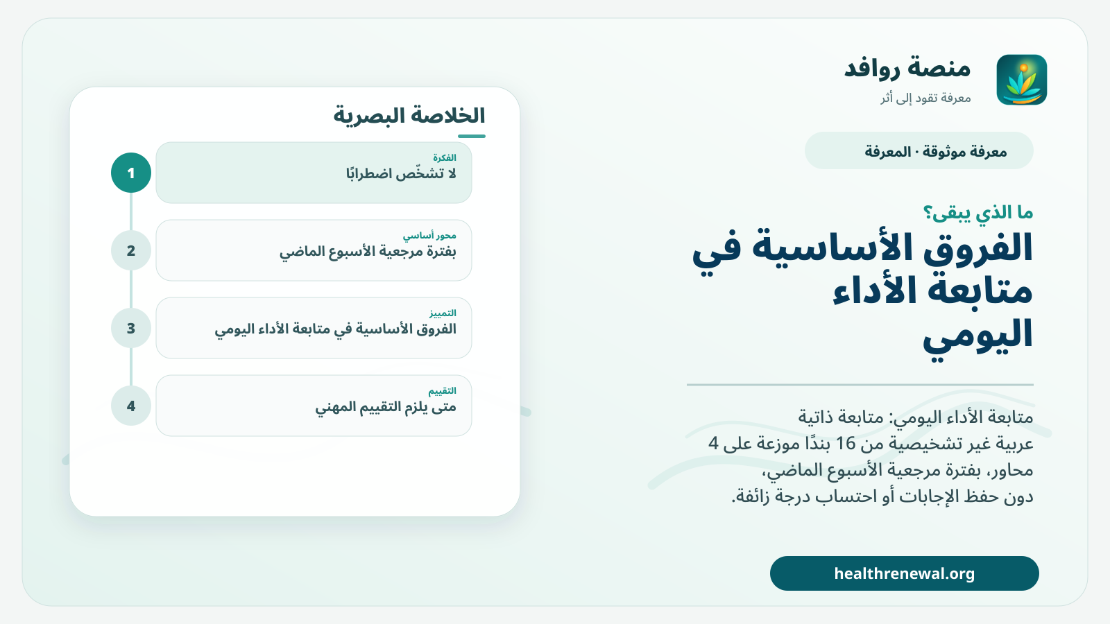مخطط ختامي من منصة روافد يلخص «متابعة الأداء اليومي» ويعرض أهم المحاور والخطوات التالية