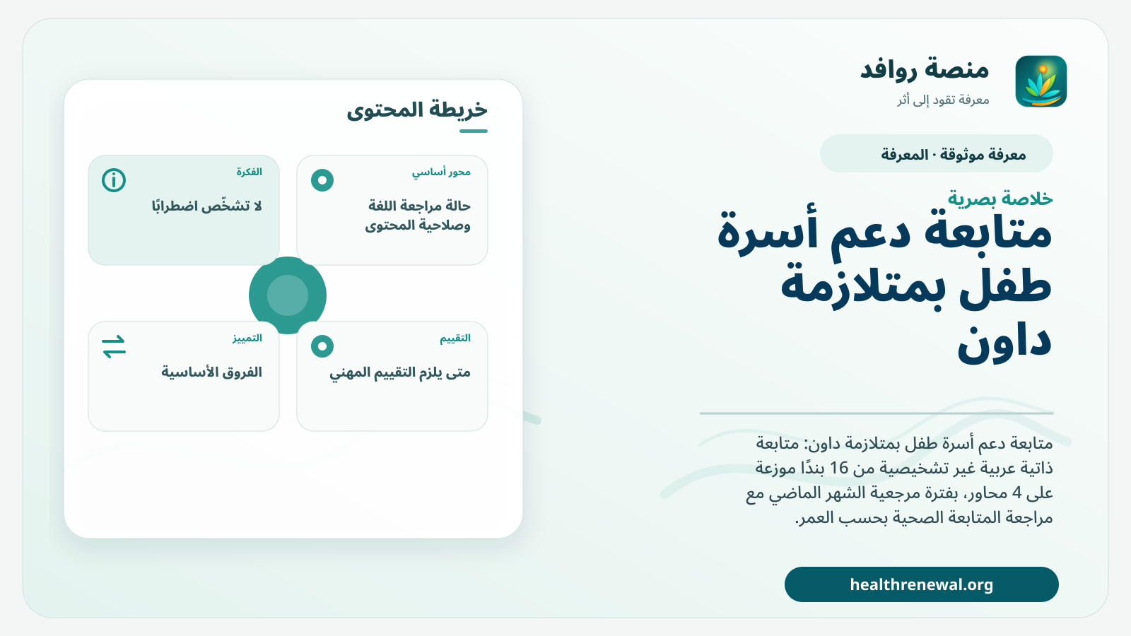 صورة بارزة من منصة روافد تلخص «متابعة دعم أسرة طفل بمتلازمة داون» بصريًا وفق محاور الصفحة الأساسية