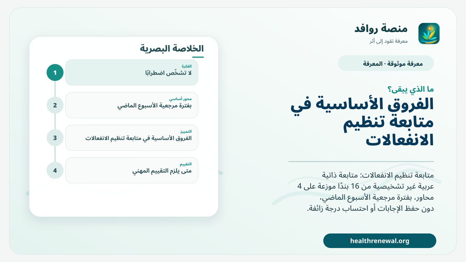 مخطط ختامي من منصة روافد يلخص «متابعة تنظيم الانفعالات» ويعرض أهم المحاور والخطوات التالية