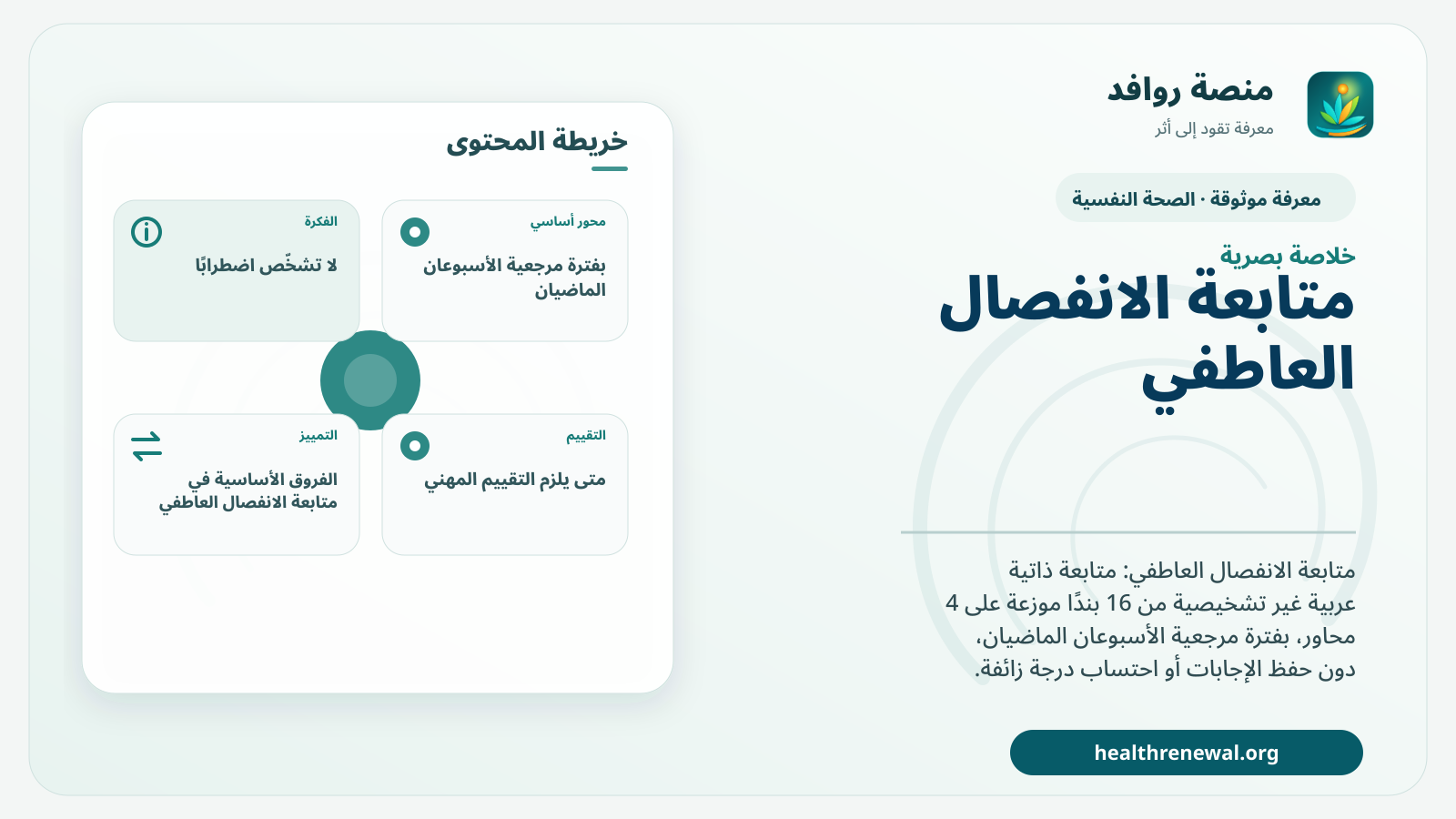 صورة بارزة من منصة روافد تلخص «متابعة الانفصال العاطفي» بصريًا وفق محاور الصفحة الأساسية