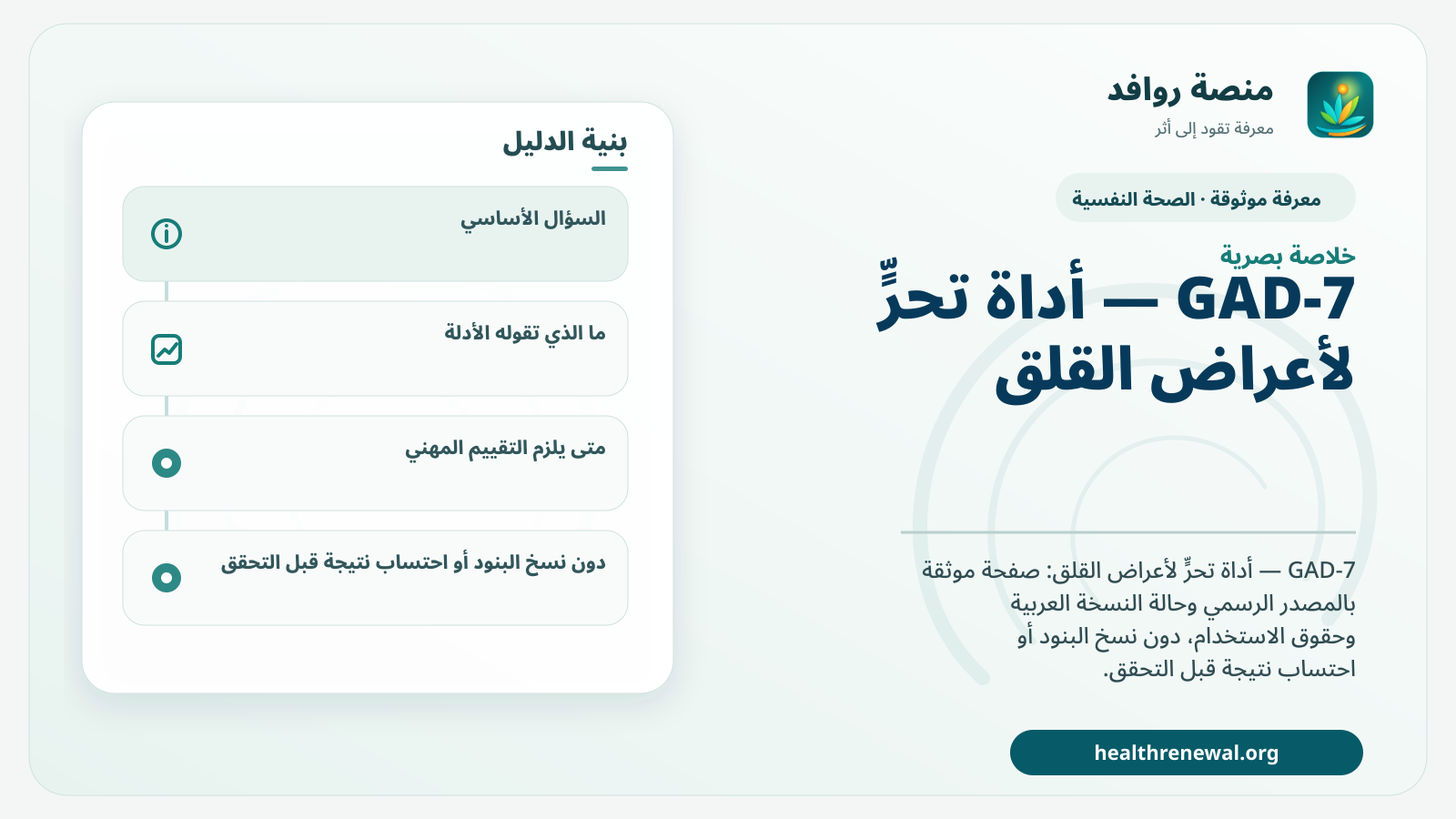 صورة بارزة من منصة روافد تلخص «GAD-7 — أداة تحرٍّ لأعراض القلق» بصريًا وفق محاور الصفحة الأساسية