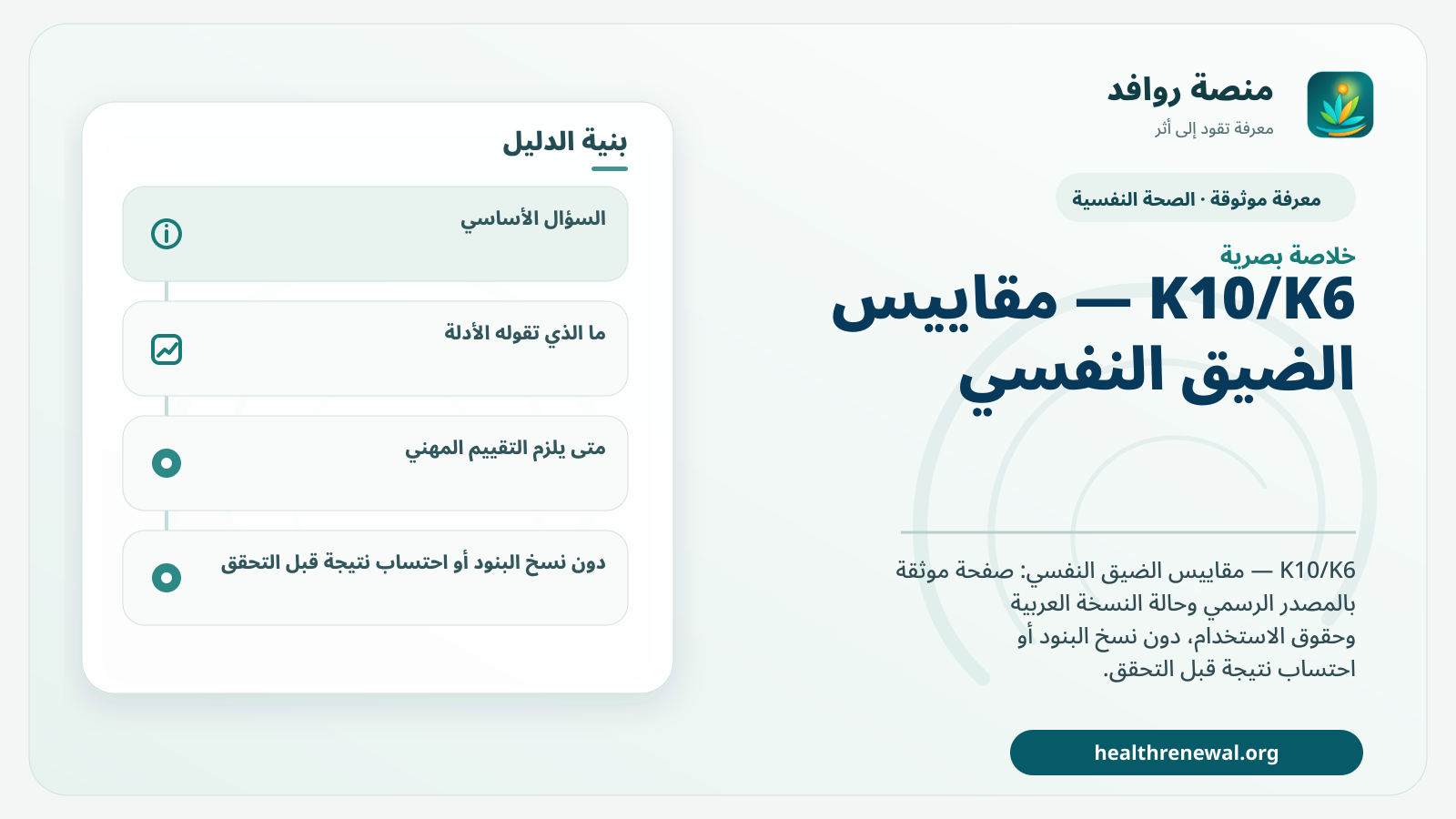 صورة بارزة من منصة روافد تلخص «K10/K6 — مقاييس الضيق النفسي» بصريًا وفق محاور الصفحة الأساسية