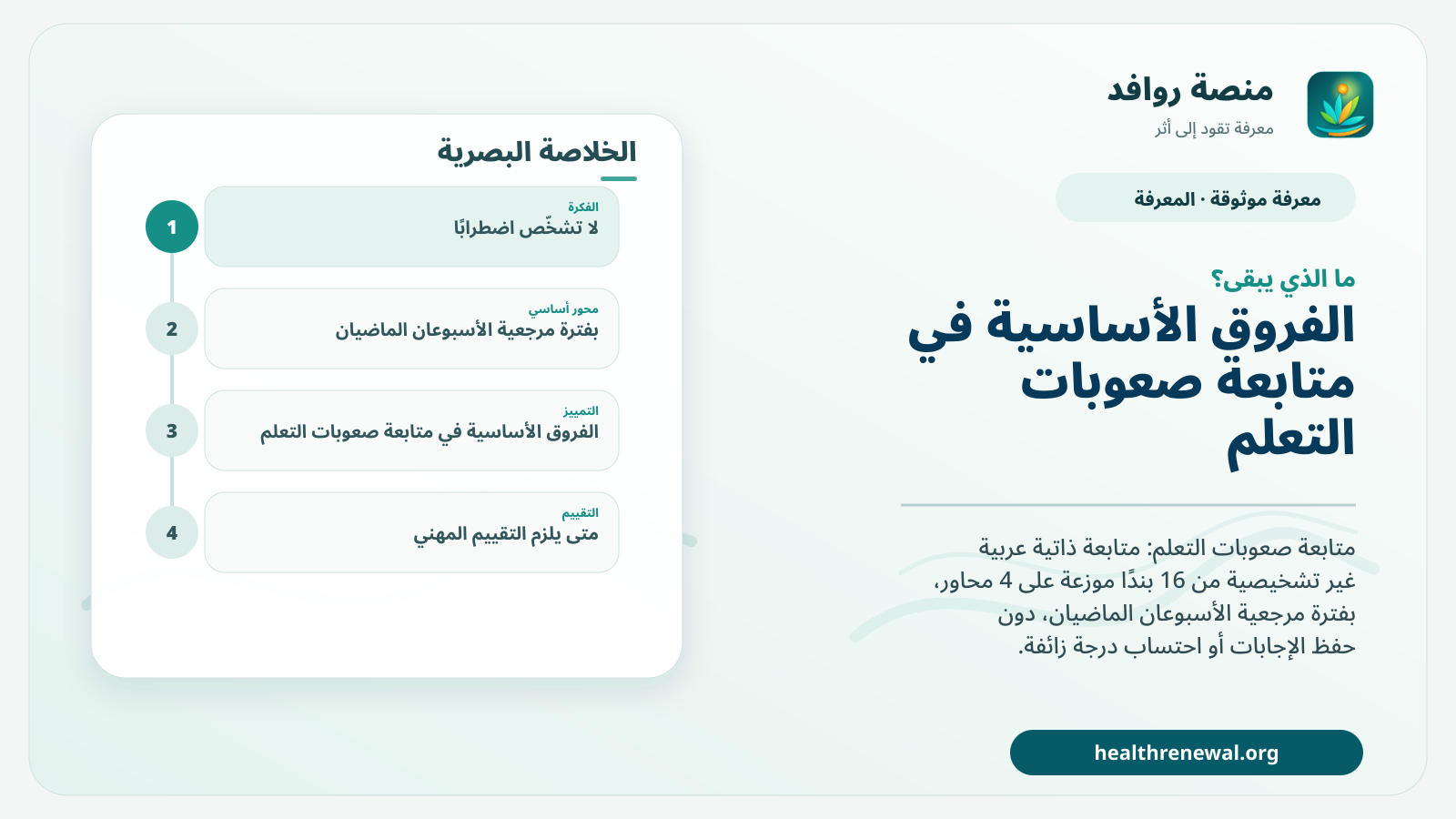 مخطط ختامي من منصة روافد يلخص «متابعة صعوبات التعلم» ويعرض أهم المحاور والخطوات التالية