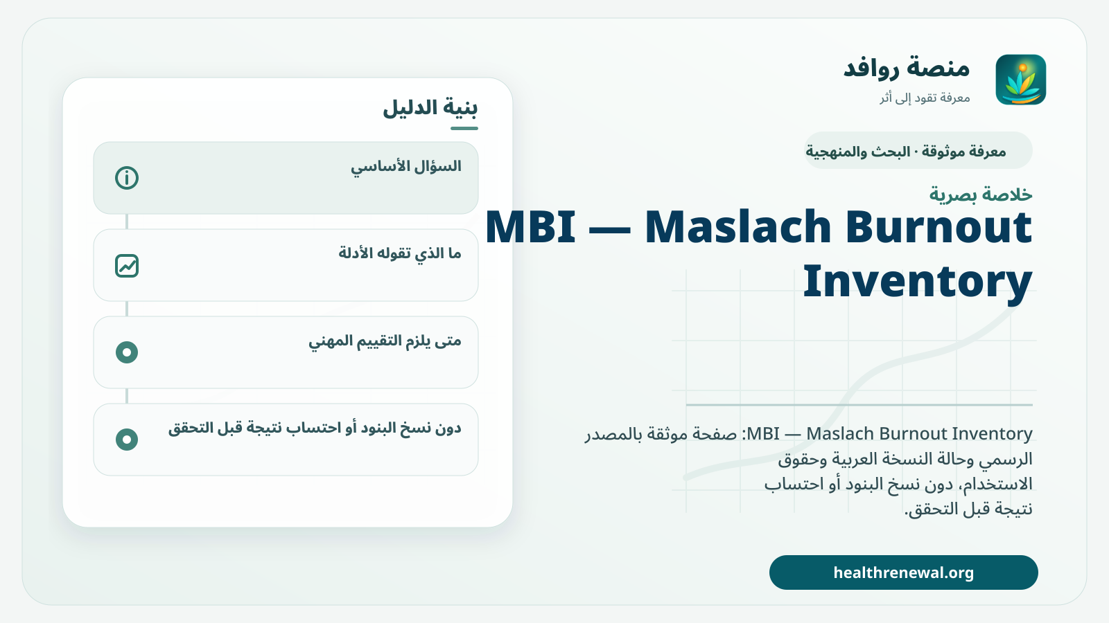 صورة بارزة من منصة روافد تلخص «MBI — Maslach Burnout Inventory» بصريًا وفق محاور الصفحة الأساسية