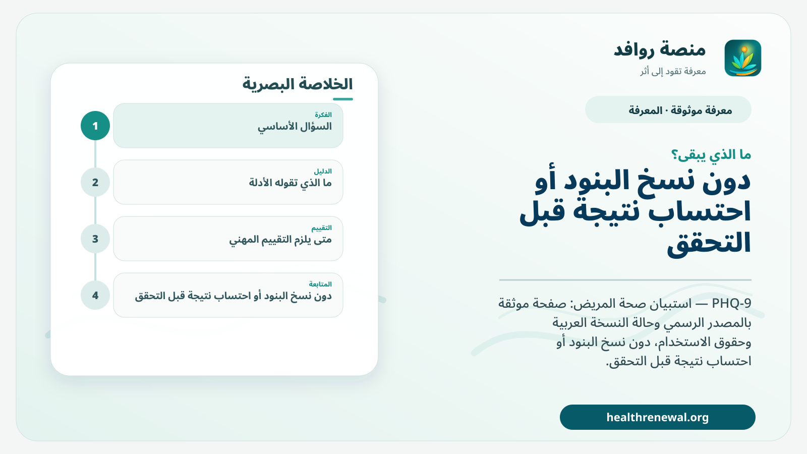مخطط ختامي من منصة روافد يلخص «PHQ-9 — استبيان صحة المريض» ويعرض أهم المحاور والخطوات التالية