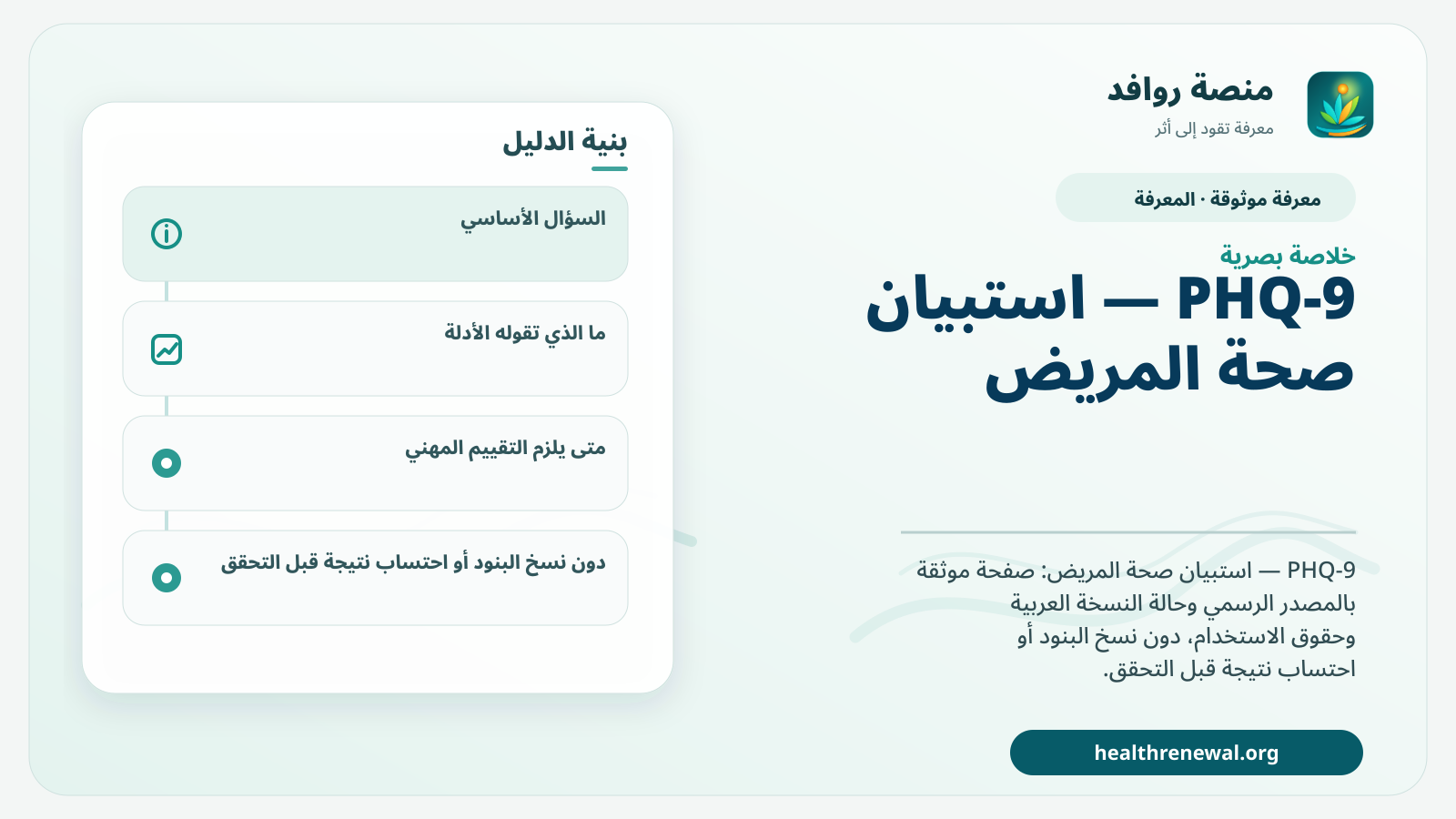 صورة بارزة من منصة روافد تلخص «PHQ-9 — استبيان صحة المريض» بصريًا وفق محاور الصفحة الأساسية