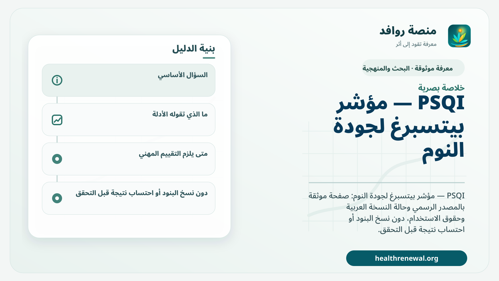صورة بارزة من منصة روافد تلخص «PSQI — مؤشر بيتسبرغ لجودة النوم» بصريًا وفق محاور الصفحة الأساسية
