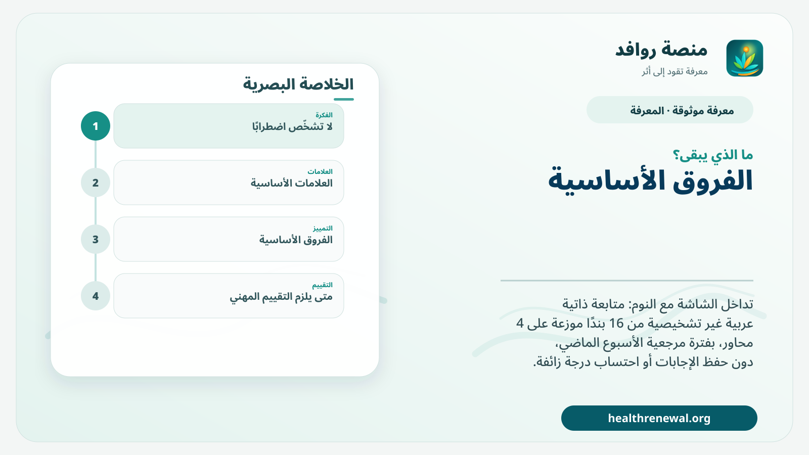 مخطط ختامي من منصة روافد يلخص «تداخل الشاشة مع النوم» ويعرض أهم المحاور والخطوات التالية