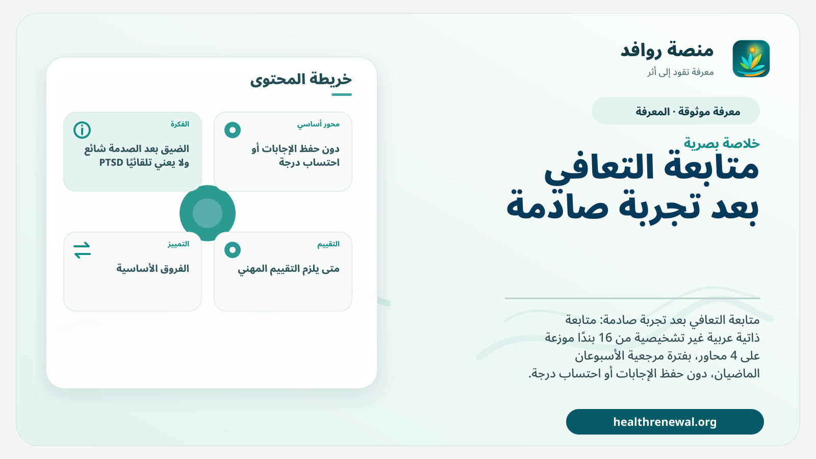 صورة بارزة من منصة روافد تلخص «متابعة التعافي بعد تجربة صادمة» بصريًا وفق محاور الصفحة الأساسية