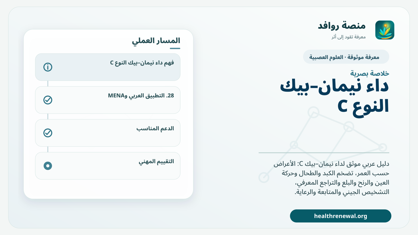 صورة بارزة من منصة روافد تلخص «داء نيمان–بيك النوع C: التشخيص والأعراض العصبية والرعاية» بصريًا وفق محاور الصفحة الأساسية