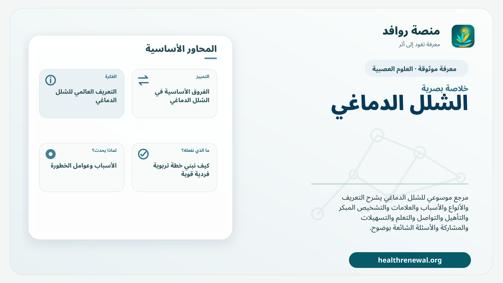 صورة بارزة من منصة روافد تلخص «الشلل الدماغي» بصريًا وفق محاور الصفحة الأساسية