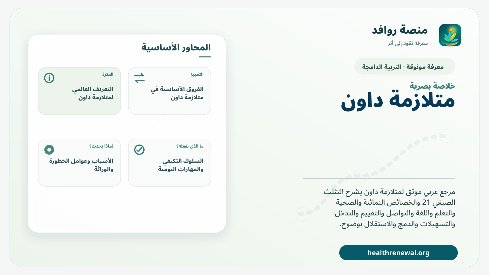 صورة بارزة من منصة روافد تلخص «متلازمة داون» بصريًا وفق محاور الصفحة الأساسية