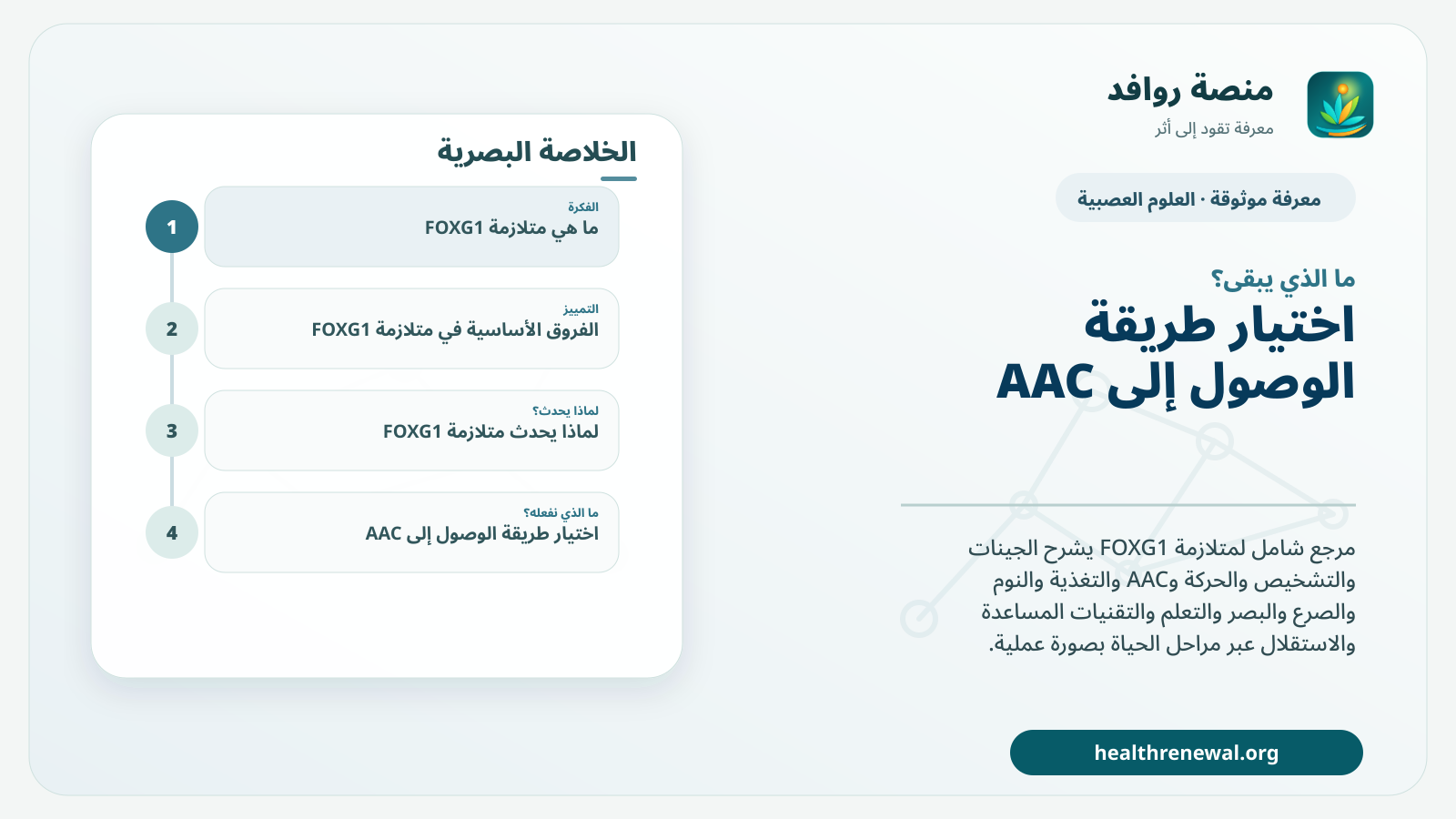 مخطط ختامي من منصة روافد يلخص «متلازمة FOXG1» ويعرض أهم المحاور والخطوات التالية