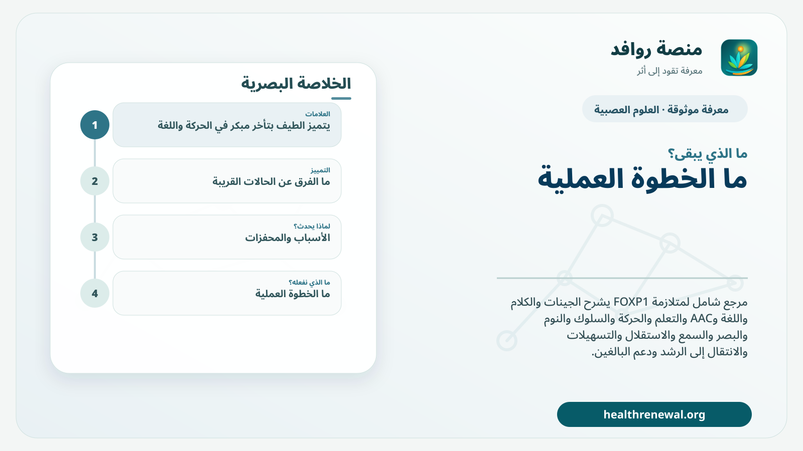 مخطط ختامي من منصة روافد يلخص «متلازمة FOXP1» ويعرض أهم المحاور والخطوات التالية