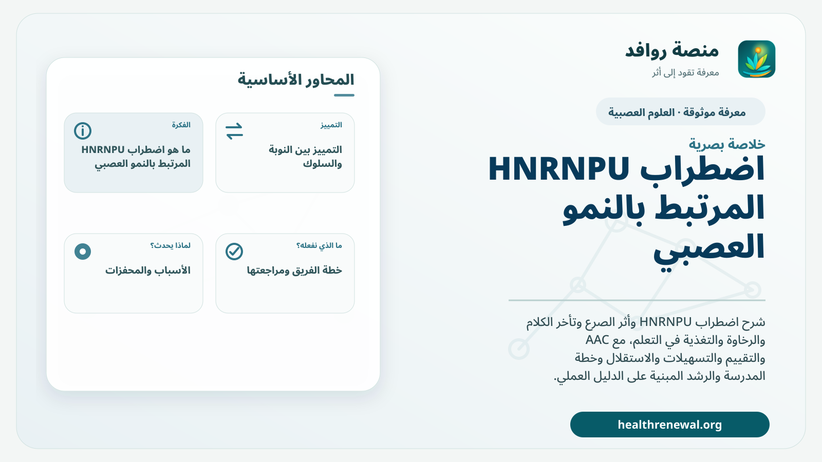 صورة بارزة من منصة روافد تلخص «اضطراب HNRNPU المرتبط بالنمو العصبي» بصريًا وفق محاور الصفحة الأساسية