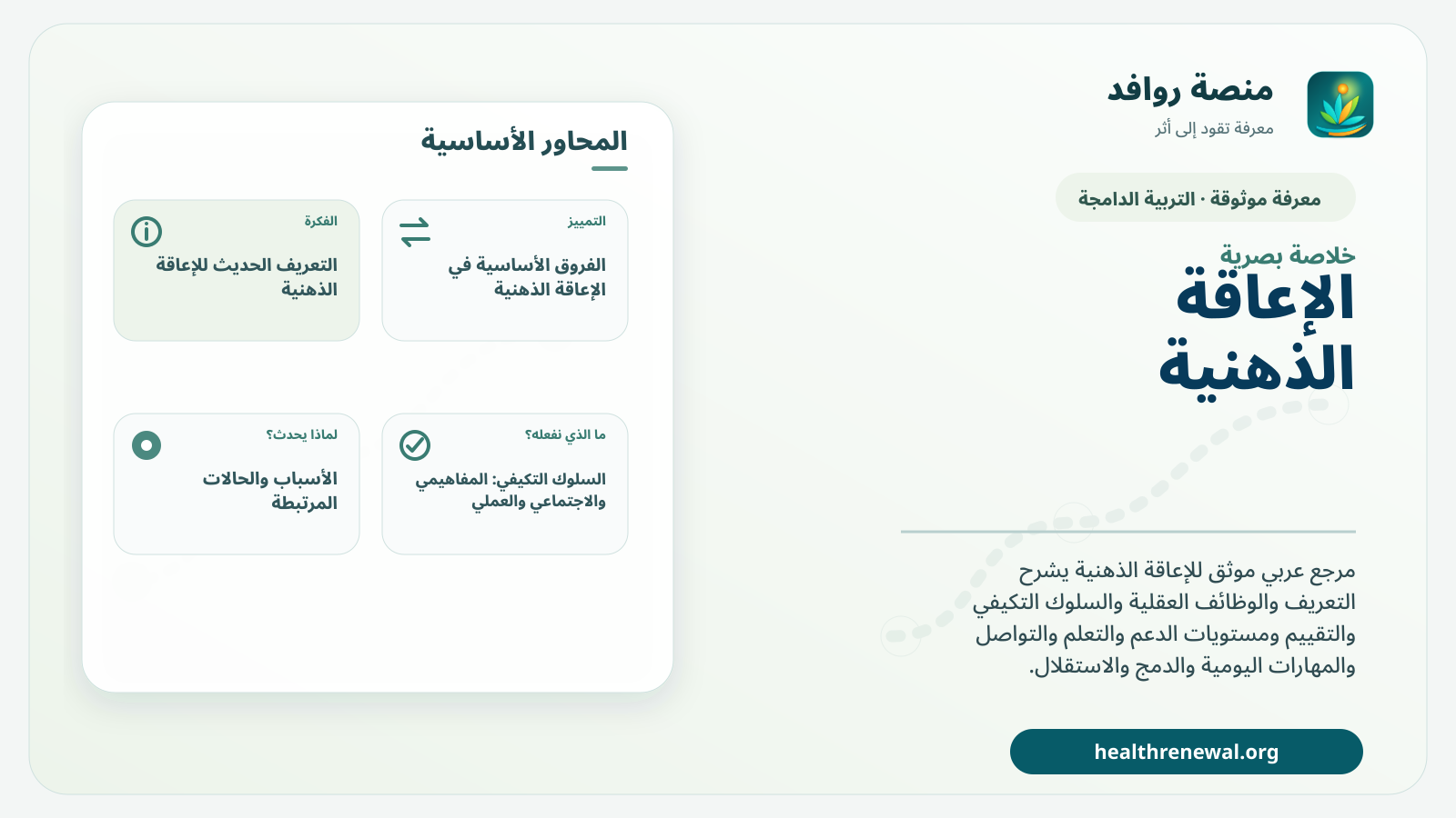 صورة بارزة من منصة روافد تلخص «الإعاقة الذهنية» بصريًا وفق محاور الصفحة الأساسية