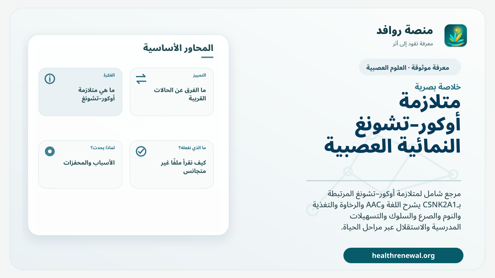 صورة بارزة من منصة روافد تلخص «متلازمة أوكور–تشونغ النمائية العصبية» بصريًا وفق محاور الصفحة الأساسية