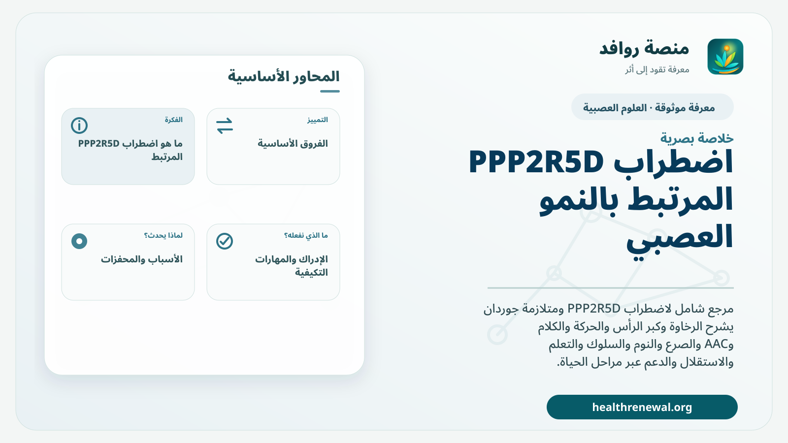 صورة بارزة من منصة روافد تلخص «اضطراب PPP2R5D المرتبط بالنمو العصبي» بصريًا وفق محاور الصفحة الأساسية