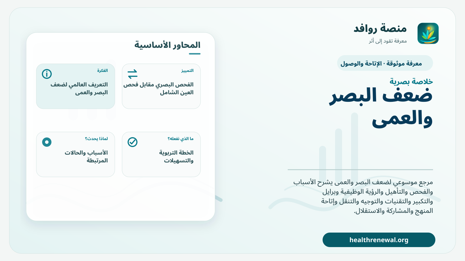 صورة بارزة من منصة روافد تلخص «ضعف البصر والعمى» بصريًا وفق محاور الصفحة الأساسية