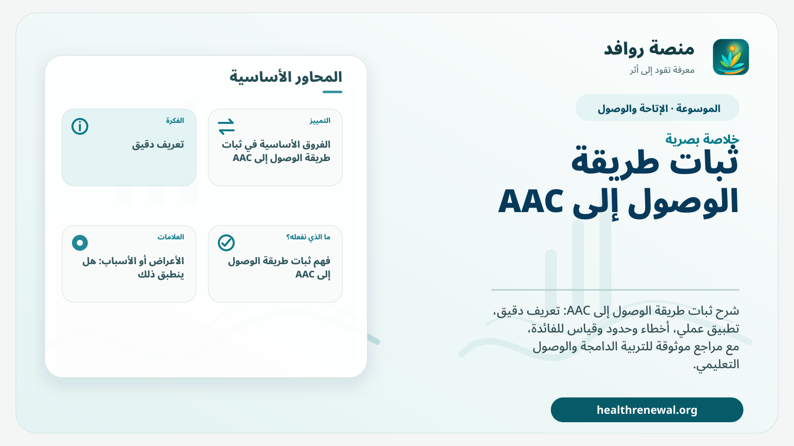 صورة بارزة من منصة روافد تلخص «ثبات طريقة الوصول إلى AAC» بصريًا وفق محاور الصفحة الأساسية