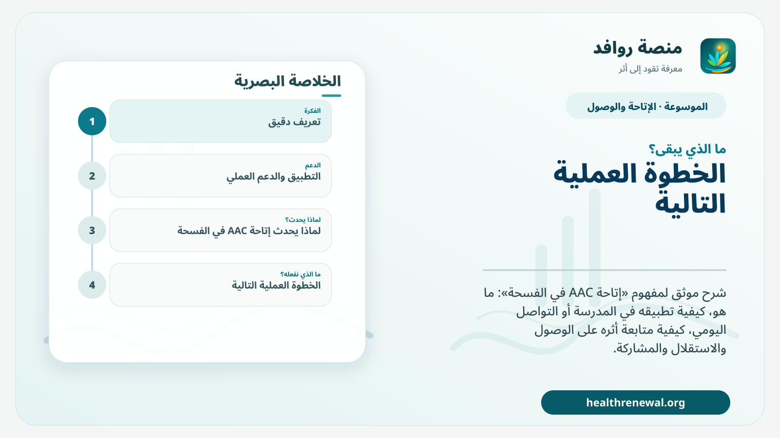 مخطط ختامي من منصة روافد يلخص «إتاحة AAC في الفسحة» ويعرض أهم المحاور والخطوات التالية