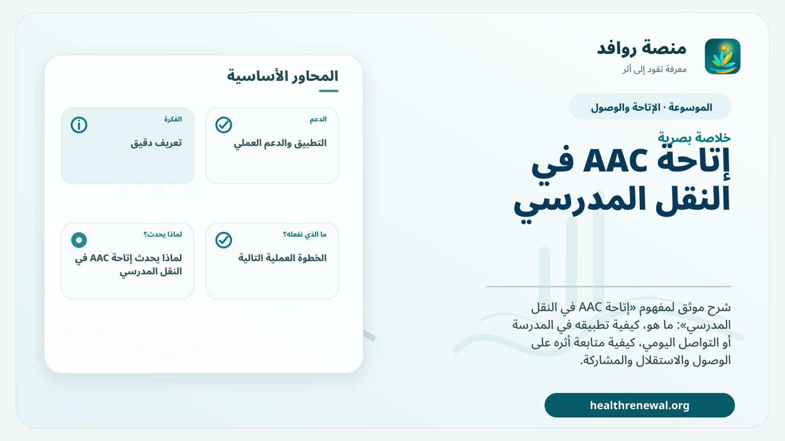 صورة بارزة من منصة روافد تلخص «إتاحة AAC في النقل المدرسي» بصريًا وفق محاور الصفحة الأساسية