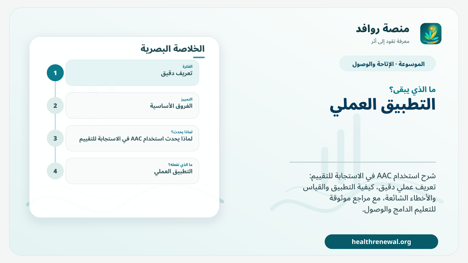 مخطط ختامي من منصة روافد يلخص «استخدام AAC في الاستجابة للتقييم» ويعرض أهم المحاور والخطوات التالية