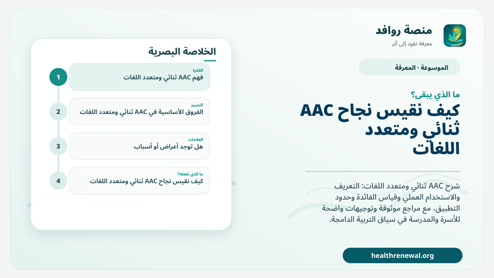 مخطط ختامي من منصة روافد يلخص «AAC ثنائي ومتعدد اللغات» ويعرض أهم المحاور والخطوات التالية