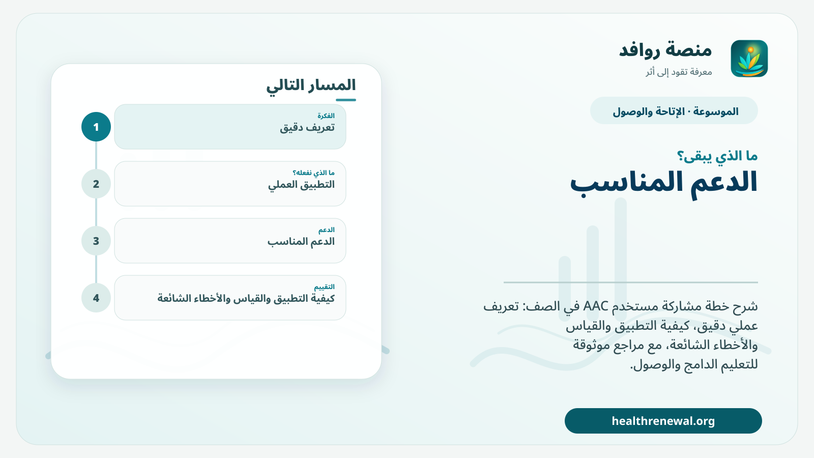 مخطط ختامي من منصة روافد يلخص «خطة مشاركة مستخدم AAC في الصف» ويعرض أهم المحاور والخطوات التالية