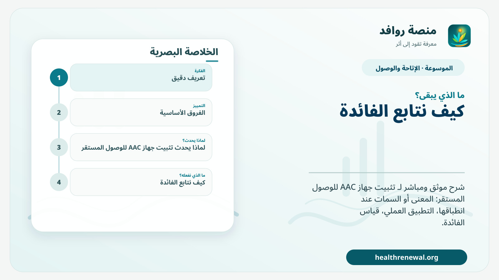 مخطط ختامي من منصة روافد يلخص «تثبيت جهاز AAC للوصول المستقر» ويعرض أهم المحاور والخطوات التالية
