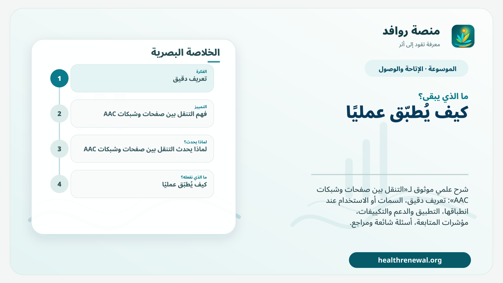مخطط ختامي من منصة روافد يلخص «التنقل بين صفحات وشبكات AAC» ويعرض أهم المحاور والخطوات التالية