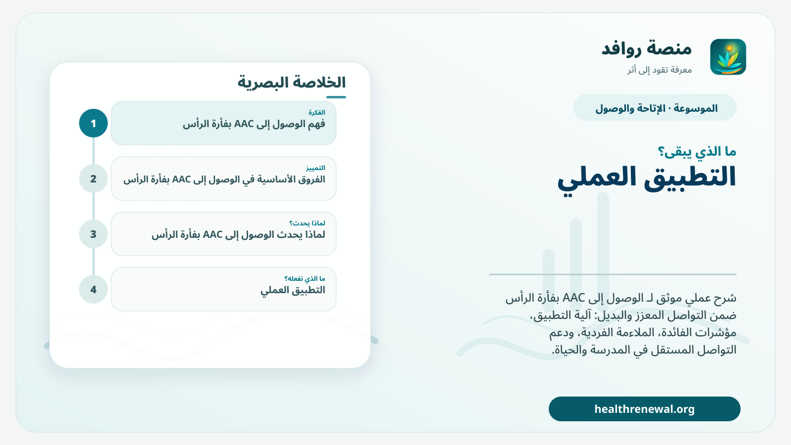 مخطط ختامي من منصة روافد يلخص «الوصول إلى AAC بفأرة الرأس» ويعرض أهم المحاور والخطوات التالية