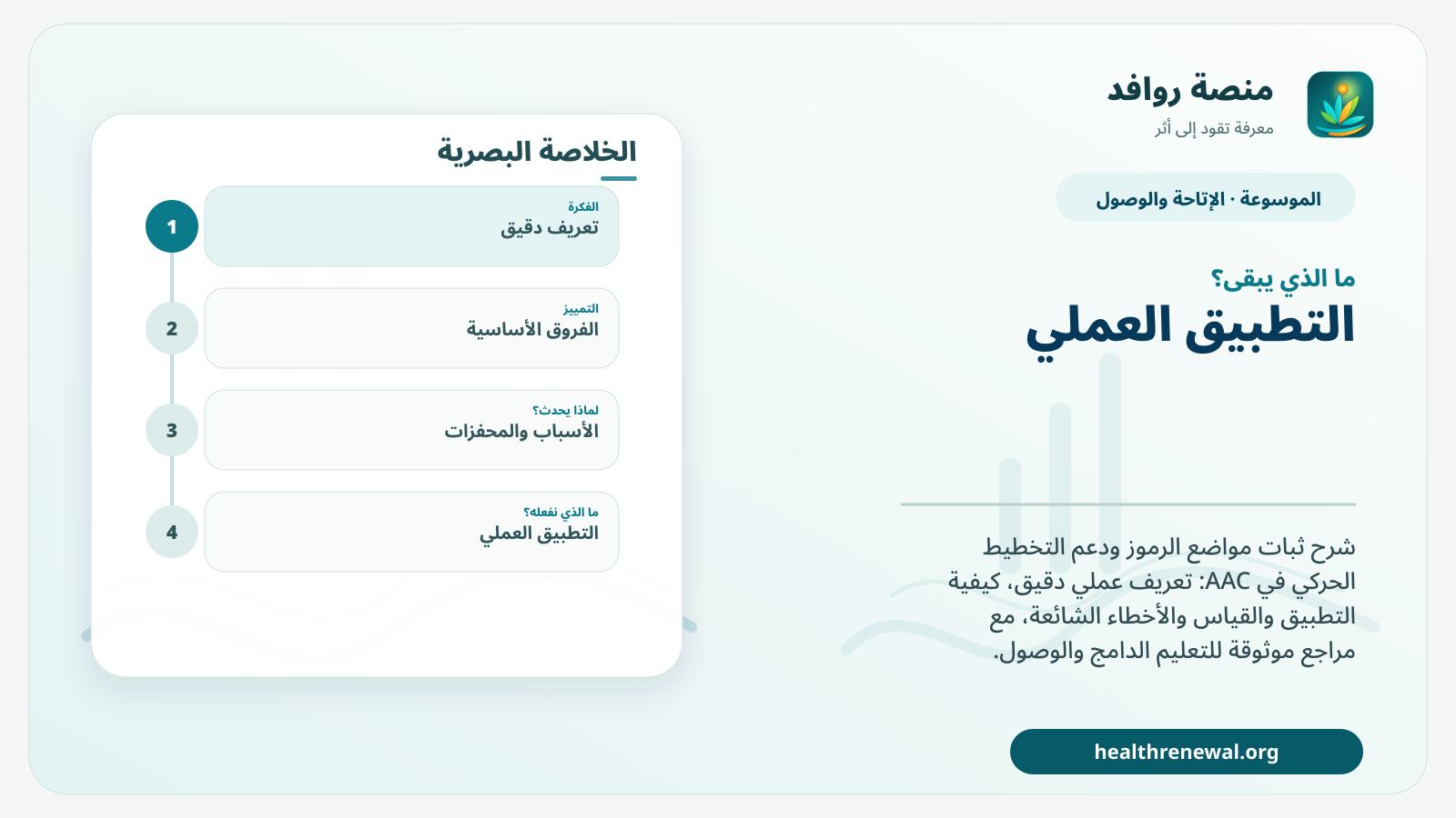 مخطط ختامي من منصة روافد يلخص «ثبات مواضع الرموز ودعم التخطيط الحركي في AAC» ويعرض أهم المحاور والخطوات التالية