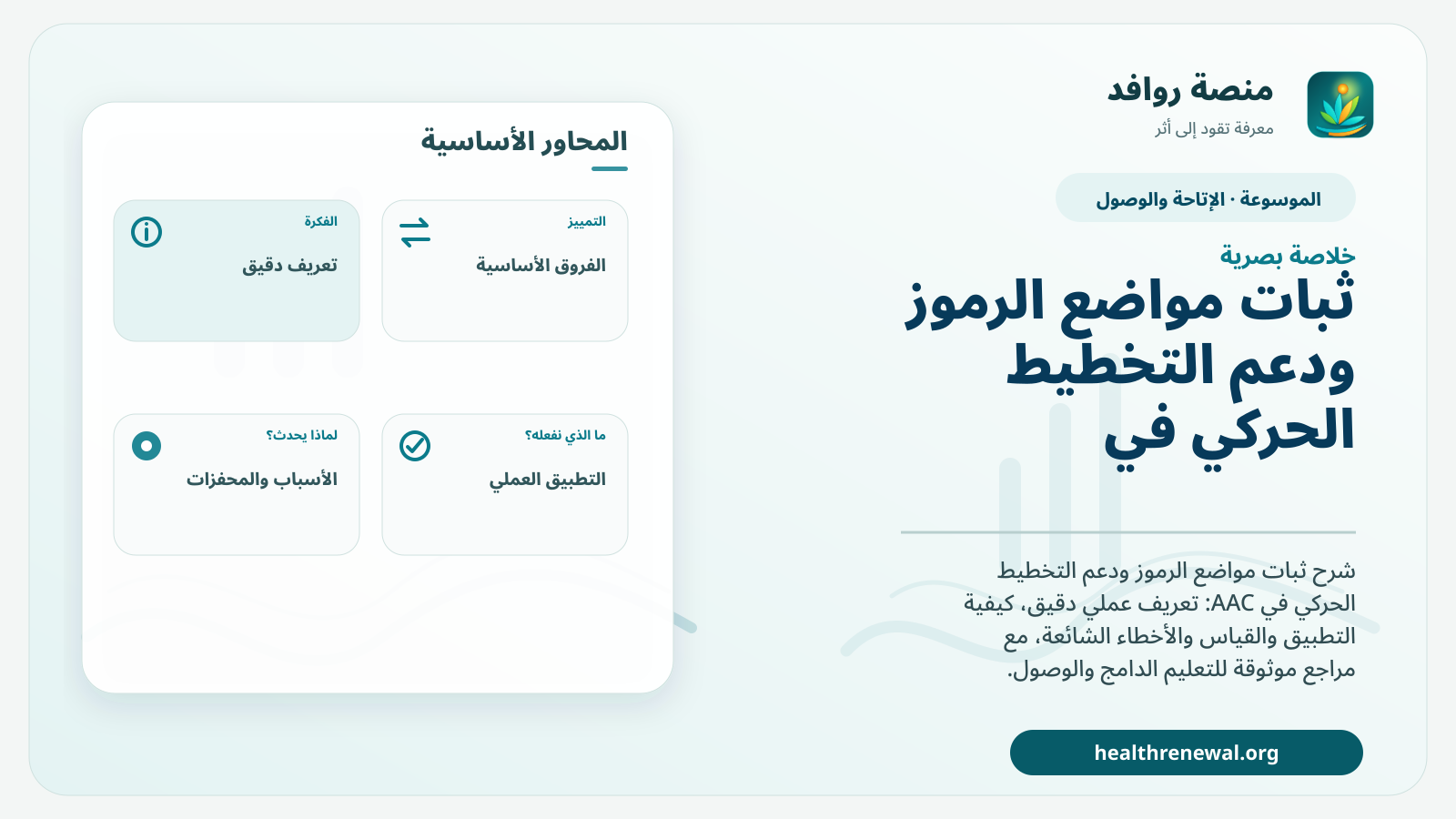 صورة بارزة من منصة روافد تلخص «ثبات مواضع الرموز ودعم التخطيط الحركي في AAC» بصريًا وفق محاور الصفحة الأساسية