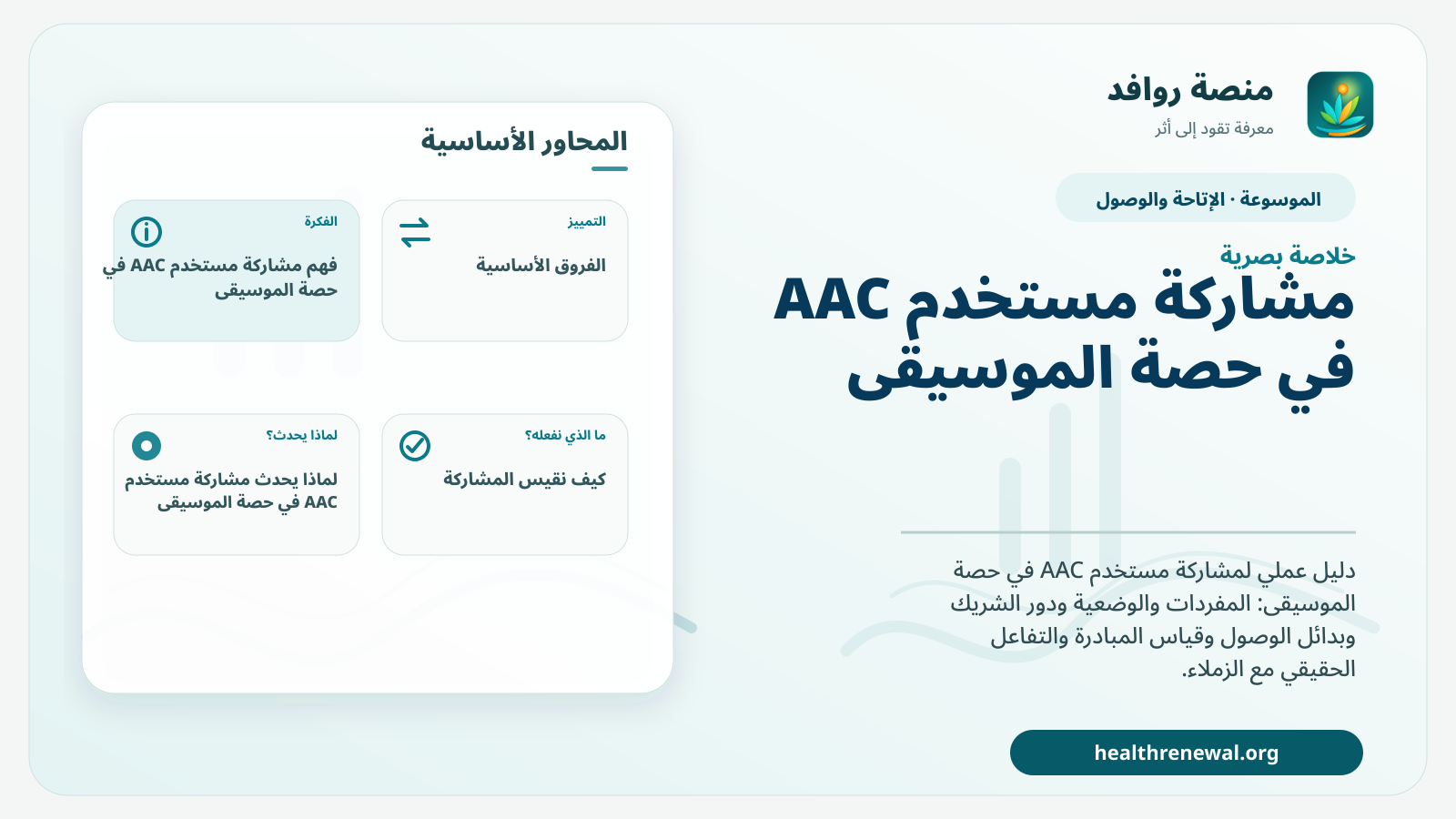 صورة بارزة من منصة روافد تلخص «مشاركة مستخدم AAC في حصة الموسيقى» بصريًا وفق محاور الصفحة الأساسية