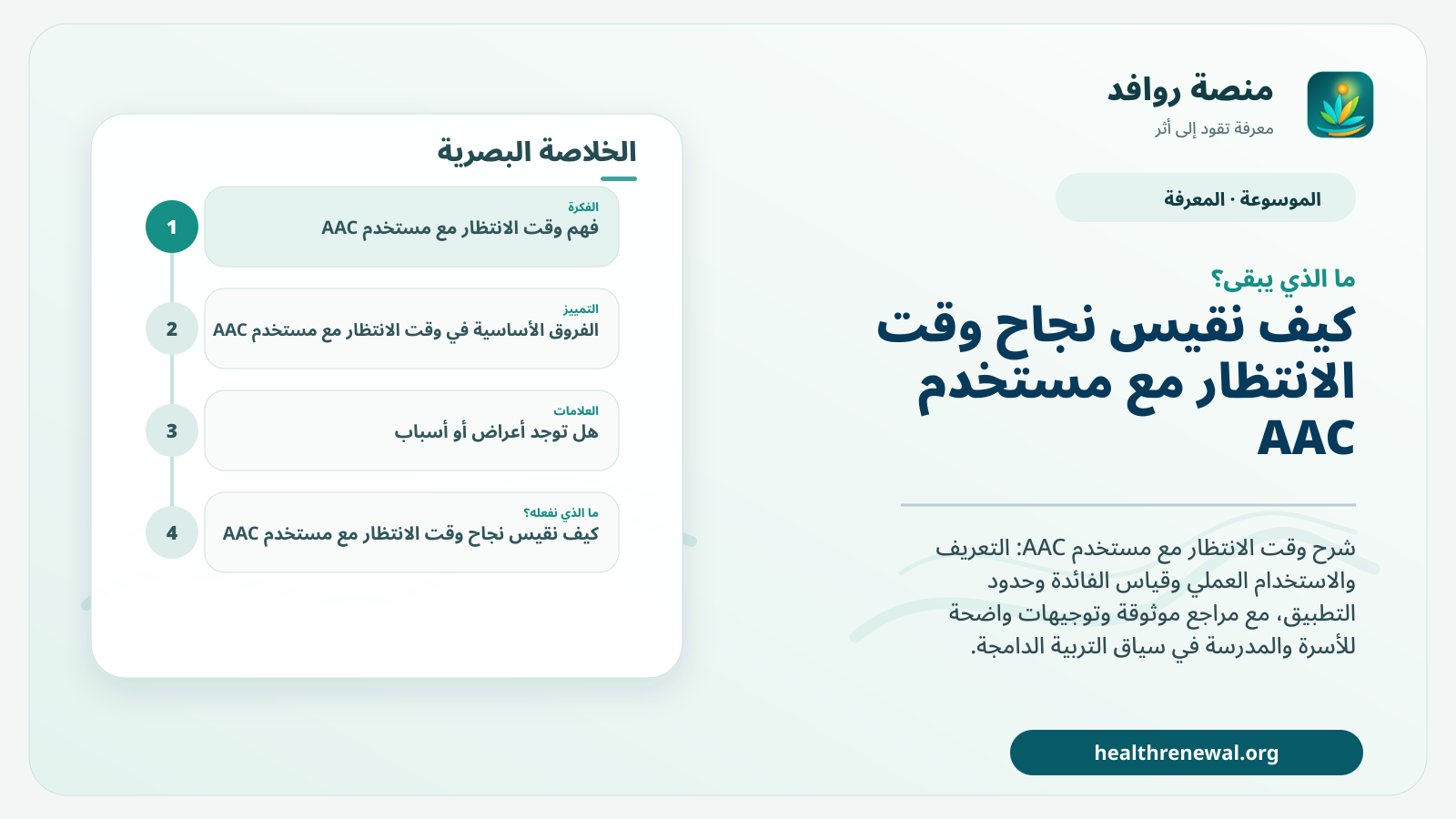 مخطط ختامي من منصة روافد يلخص «وقت الانتظار مع مستخدم AAC» ويعرض أهم المحاور والخطوات التالية